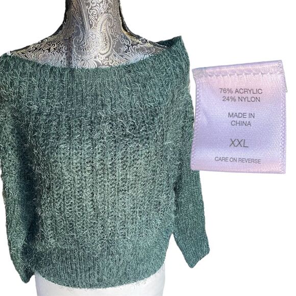 NY&C hunter Green Fuzzy Knit crop Sweater Cozy Textured Pullover‎ Size XXL NEW - Picture 1 of 9